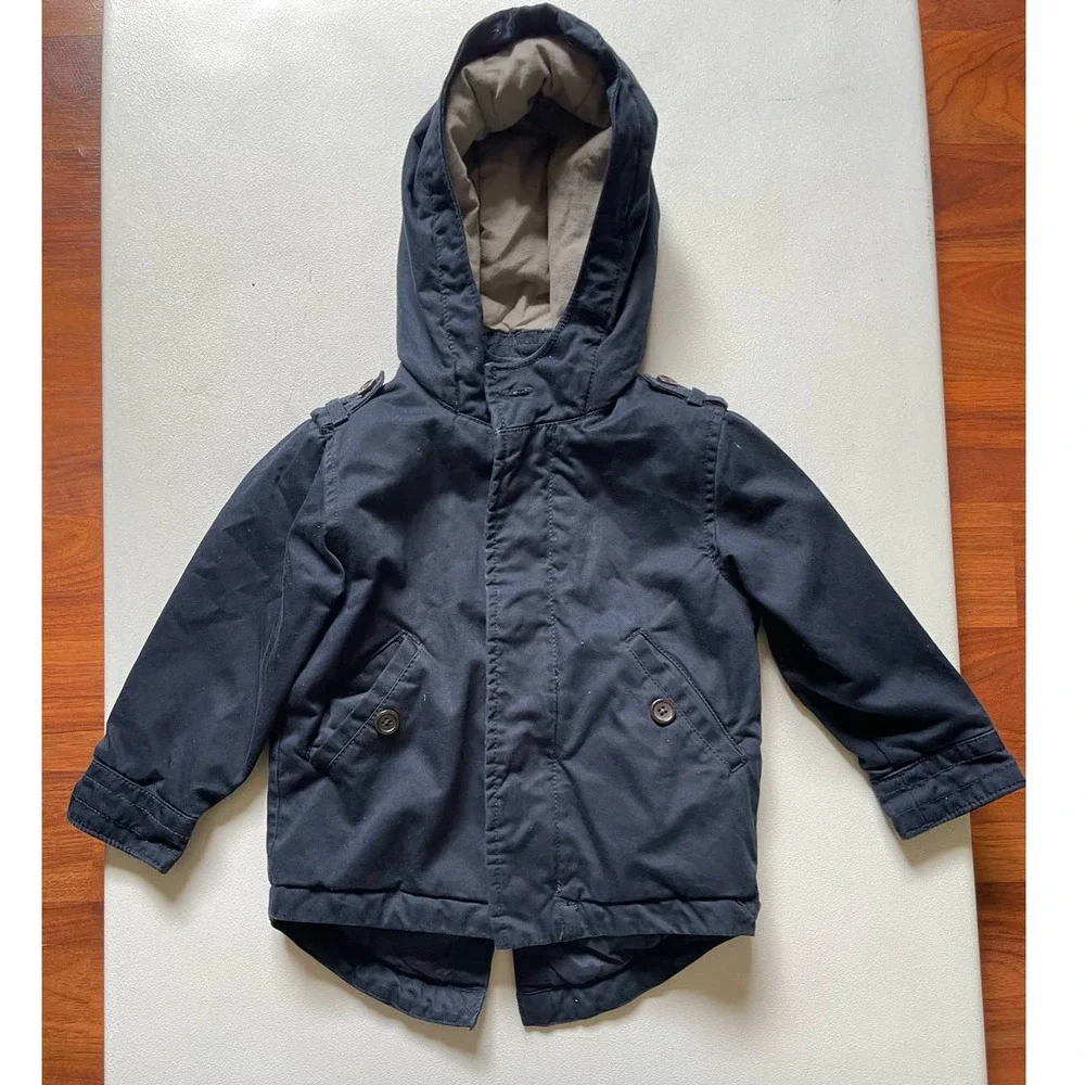 Baby Gap 100% Cotton Navy Blue Hooded Coat with Elbow Patches • Size 3T 🗣